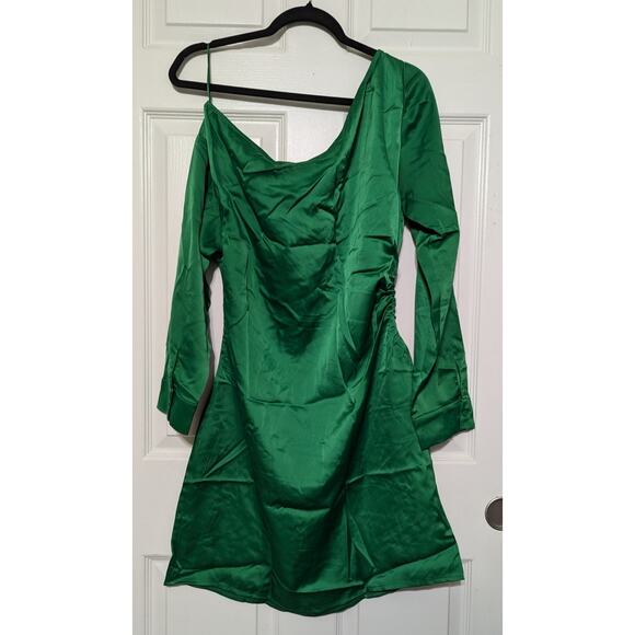 Leyden Satin Mini Dress Womens Size Large / L Side Tie Cutout Long Sleeve Green - Picture 6 of 14